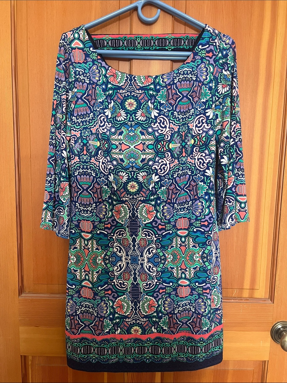 Laundry By Shelli Segal Teal, Navy & Pink Printed Scoop-Neck Midi Dress